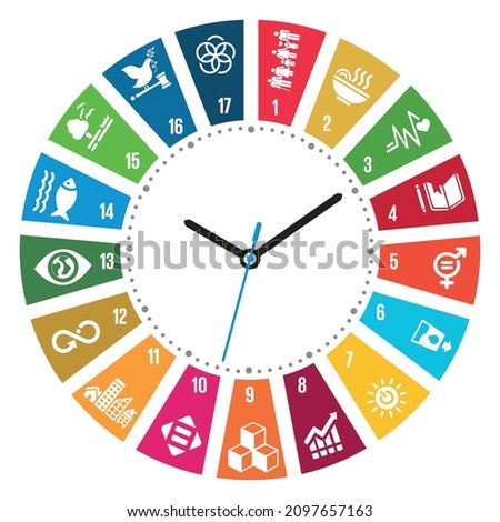 Sustainable Development concept Colorful Wheel Clock made of 17 cubes. Corporate social responsibility. Goals for action for a better world. Vector design. 