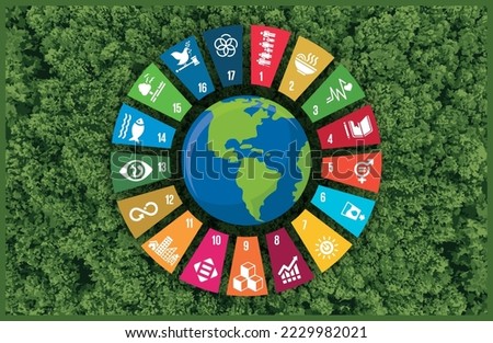Sustainable Development Wheel Illustration 3D rendering on top of green forest. Corporate social responsibility. Sustainable Development for a better world. 3D Illustration.