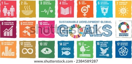 Sustainable Development global goals icon set chock board sketch. School Education concept. Sustainable Development for a better world. Vector illustration.