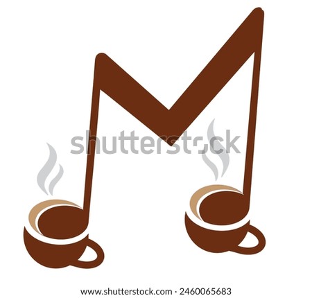 Music Café logo design. Letter M music note with 2 hot coffee cup. Café, restaurant, music, tv, radio vector logo and icon design.