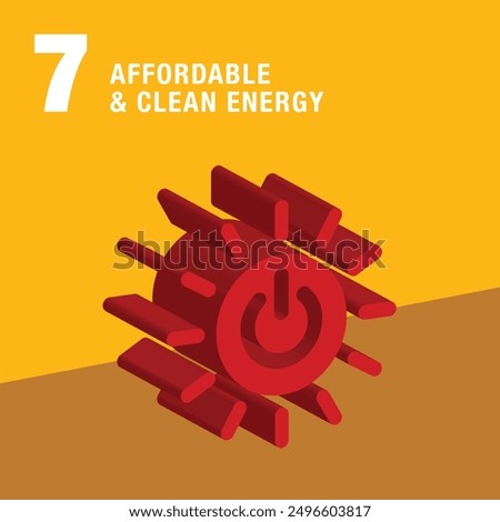 Affordable and Clean Energy 3d icon. A sun and a power button together. Sustainable Development global goals concept for Non-Profit organization. High quality 3D render.