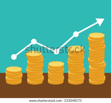 Increasing piles of coins with going up graph. Concept for financial growth. Vector eps10.