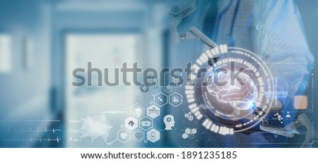 smart medical, health futuristic technology concept, doctor medicine  hud of artificial intelligence , robot to treatment patient by using  technology in health to safe life and make patient better