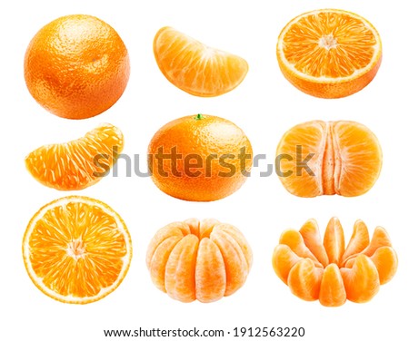 Set of whole ripe tangerines, juicy slices, peeled slices, isolated on a white background.