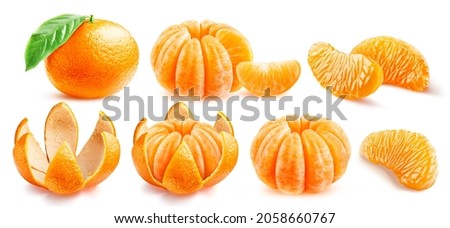 Set of ripe tangerines - peeled and whole, with and without peel, isolated on a white background. Mandarin with cut flower-shaped skin.