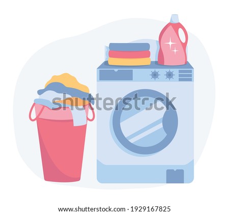 Washing machine with laundry basket. Washer with dirty clothes. Flat vector illustration on a white background.