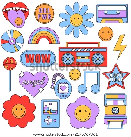 Set of trendy retro stickers with smile faces and 90s elements patches on a white background. Funky, hipster retrowave stickers in geometric shapes. Vector illustration of 70s groove elements.