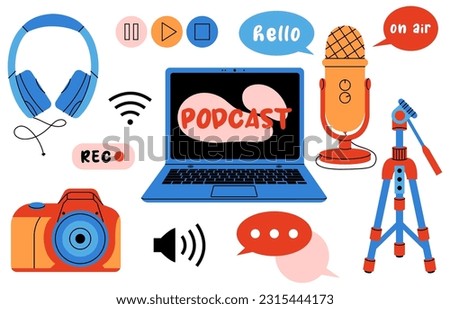 Podcast recording, broadcasting, video streaming service concept. Laptop, headphones, microphone, tripod, camera, speech bubbles isolated on white background. 