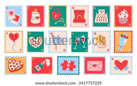 Set of cute romantic postage stamps isolated on white background.	Valentines Day concept.
