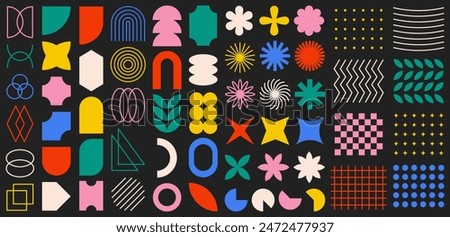 Big set of abstract geometric shapes. Colorful modern brutal forms and figures on black background. Swiss design aesthetic. Decorative design elements.