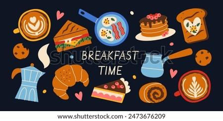 Set of breakfast elements. Flat hand drawn sandwich, toast, pie, moka pot, fried eggs, pancakes, croissant, coffee and cookies.