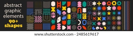 Big collection of 90+ abstract geometric shapes. Colorful modern brutal forms and figures on black background. Swiss design aesthetic. Decorative design elements.