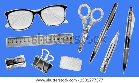 Set of cutout halftone collage elements on the theme of back to school. Glasses, scissors, pencil, sharpener, pens, ruler etc isolated on blue background.