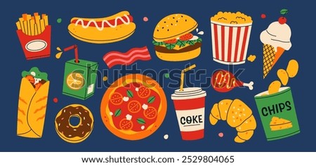 Fast food set. French fries, hamburger, hot dog, popcorn, shawarma, chips, pizza, coke, donut etc. Vector illustration of takeaway street food.