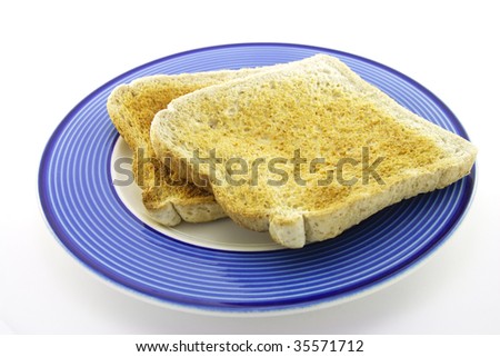 Slices of lightly browned toast on a blue plate with a white background