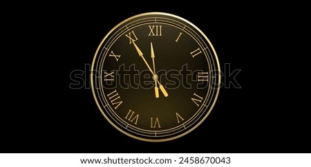 Mechanical Roman Numerals Wall Clock Design On Black Background, Gold Clock New Year Concept Vector Illustration.

