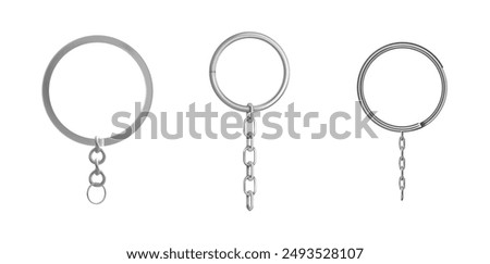 Set Of Silver Key Rings With Chain Vector Illustration.	