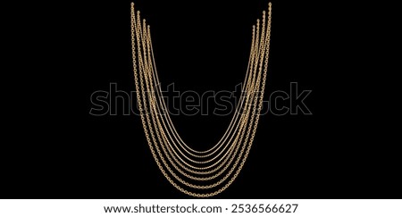 Multilayer Trendy Gold Chains Necklace On Black Background, Unique Fine Jewelry Vector Illustration.	