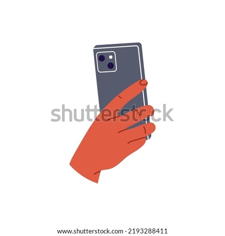 Hand holding phone and shoot video or take pictures. Flat vector illustration isolated on black background