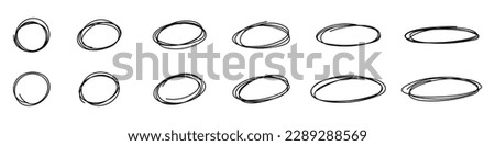 Highlight oval circle frames. Doodle hand drawn pencil lines. Round brush mark. Vector isolated illustration