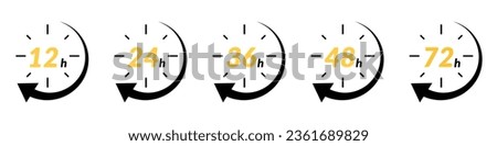 Hour icon with 12 and 24 clock formats, for 48h or 72h fast delivery and special day sales. Includes timer, arrow, and open effects. Flat vector illustrations isolated in background.