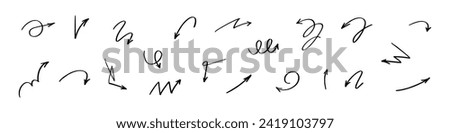 Hand drawn arrow doodles and scribbles in brush, pencil, and marker style. Sketch like lines circles and down arrows. Flat vector illustration isolated on white background.