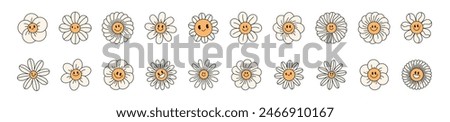 Cute daisy flower face with smiley emoji. Retro groovy cartoon character with happy expression. Y2K graphic sticker. Flat vector illustration isolated on white background.