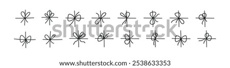 Black bow with tied rope and ribbon knot. Simple line design of string and thread for gift wrapping or marine cord. Flat vector illustration isolated on white background.