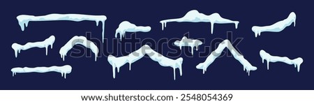 Set of snow caps in motion with dripping peaks. Snowy winter border with pile of snowflakes and icy drifts. Flat vector illustration isolated