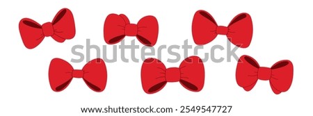 Classic Red ribbons bowtie with tape and knot details set. Luxury elements for Christmas presents. Flat vector illustration isolated on white background.