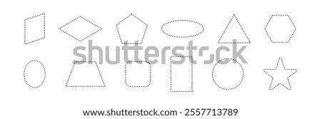 Dotted frames with simple dashed lines. Rectangular and round outline elements for coupon or label shapes. Flat vector illustration isolated on white background.