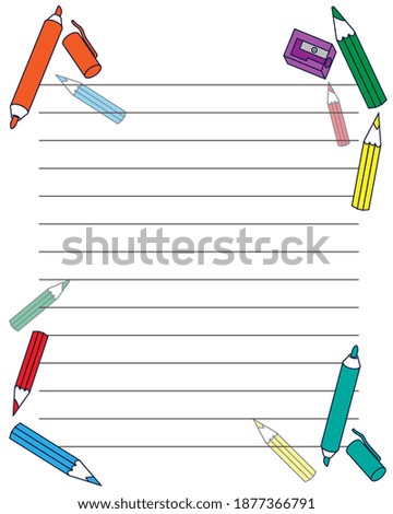 Template for notes in a line, with pencils around the edges and translucent pencils in the background.