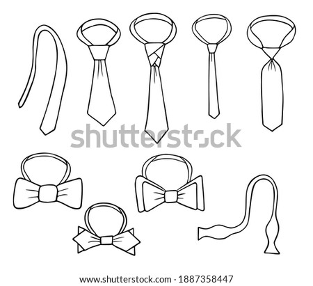 A set of ties.Tied and untied. Unusual knots and different types. Bow tie also different types. Outline black and white drawing, isolated image.  ストックフォト © 