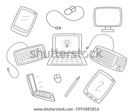 A set of computer equipment. Monitor, keyboard and mouse. Computer tablets and laptops.Contour black and white isolated illustration in doodle style on white.