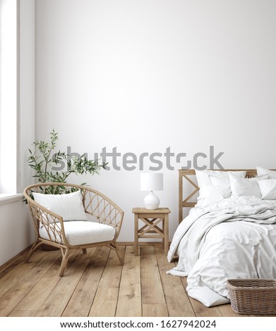 Scandinavian farmhouse bedroom interior, wall mockup, 3d render Stock foto © 