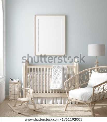 Mock up frame in boy nursery with natural wooden furniture, 3D render