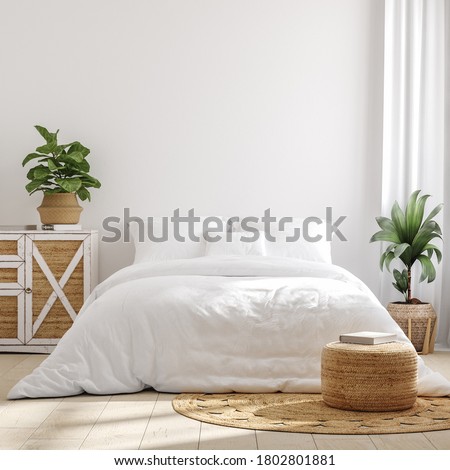 White cozy farmhouse bedroom interior, wall mockup, 3d render