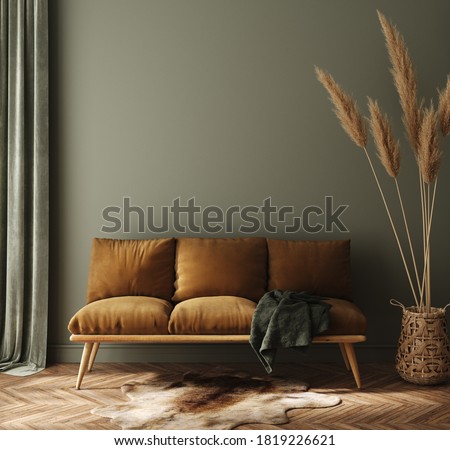 Modern dark green home interior with brown couch and pampas in wicker basket, 3d render