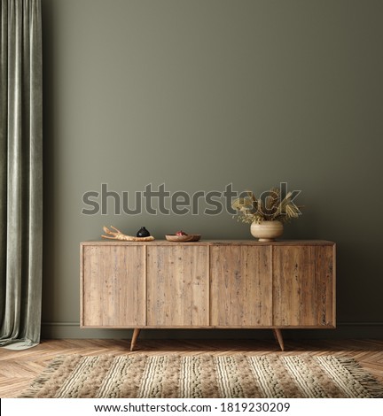 Commode with decor in living room interior, dark green wall mock up background, 3D render