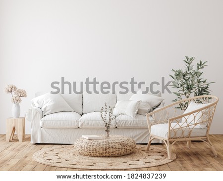 Farmhouse living room interior background, wall mockup , 3d render