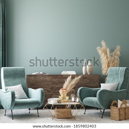 Home interior mock-up with turquoise armchairs, table and pampas, 3d render
