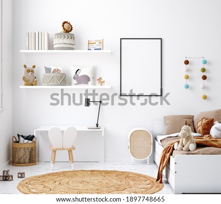 Mock up frame in white cozy children room interior background, Scandinavian style, 3D render