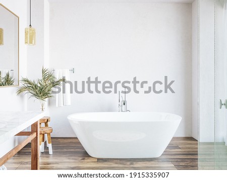 Poster, wall mockup in white cozy bathroom interior background, 3d render