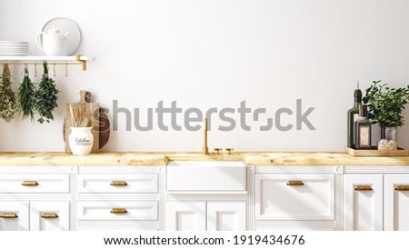 Wall mockup in kitchen interior background, Farmhouse style, 3d render
