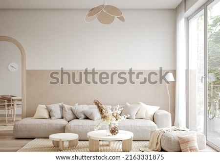 Home interior in boho style, living room in pastel beige colors, 3d render Foto d'archivio © 