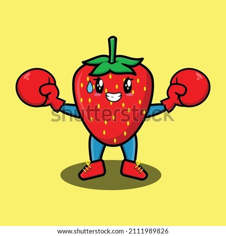 Cute Strawberry mascot cartoon playing sport with boxing gloves and cute stylish design for t-shirt, sticker, logo elements