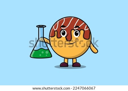Cute cartoon mascot character Takoyaki as scientist with chemical reaction glass