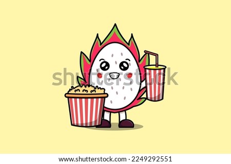 Cute cartoon Dragon fruit with popcorn and drink ready to watching film in cinema