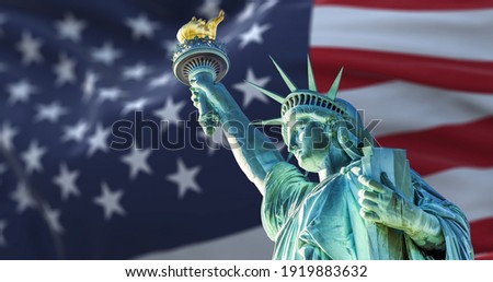 the statue of liberty with the blurry american flag waving in the background. Democracy and freedom concept