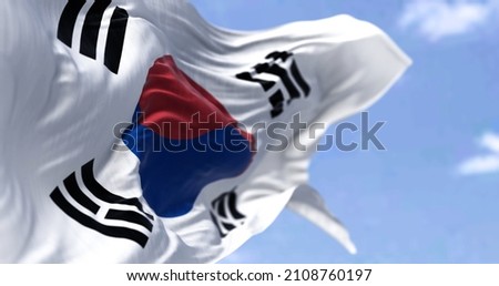 Detailed close up of the national flag of South Korea waving in the wind on a clear day. Democracy and politics. East Asian country. Selective focus. 商業照片 © 